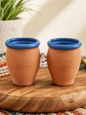Altos 100% Agave Terracotta Tequila Shot Glasses Set of 2 Blue Rim Barware